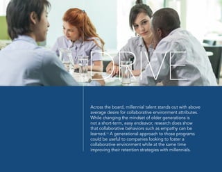 Across the board, millennial talent stands out with above
average desire for collaborative environment attributes.
While changing the mindset of older generations is
not a short-term, easy endeavor, research does show
that collaborative behaviors such as empathy can be
learned.13
A generational approach to those programs
could be useful to companies looking to foster a
collaborative environment while at the same time
improving their retention strategies with millennials.
DRIVE
 