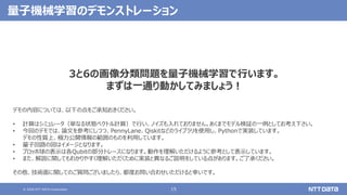 © 2020 NTT DATA Corporation 15
量子機械学習のデモンストレーション
3と6の画像分類問題を量子機械学習で行います。
まずは一通り動かしてみましょう！
デモの内容については、以下の点をご承知おきください。
• 計算はシミュレータ（単なる状態ベクトル計算）で行い、ノイズも入れておりません。あくまでモデル検証の一例としてお考え下さい。
• 今回のデモでは、論文を参考にしつつ、PennyLane、Qiskitなどのライブラリを使用し、Pythonで実装しています。
デモの性質上、極力公開情報の範囲のものを利用しています。
• 量子回路の図はイメージとなります。
• ブロッホ球の表示は各Qubitの部分トレースになります。動作を理解いただけるように参考として表示しています。
• また、解説に関してもわかりやすく理解いただくために実装と異なるご説明をしている点があります。ご了承ください。
その他、技術面に関してのご質問ございましたら、都度お問い合わせいただけると幸いです。
 