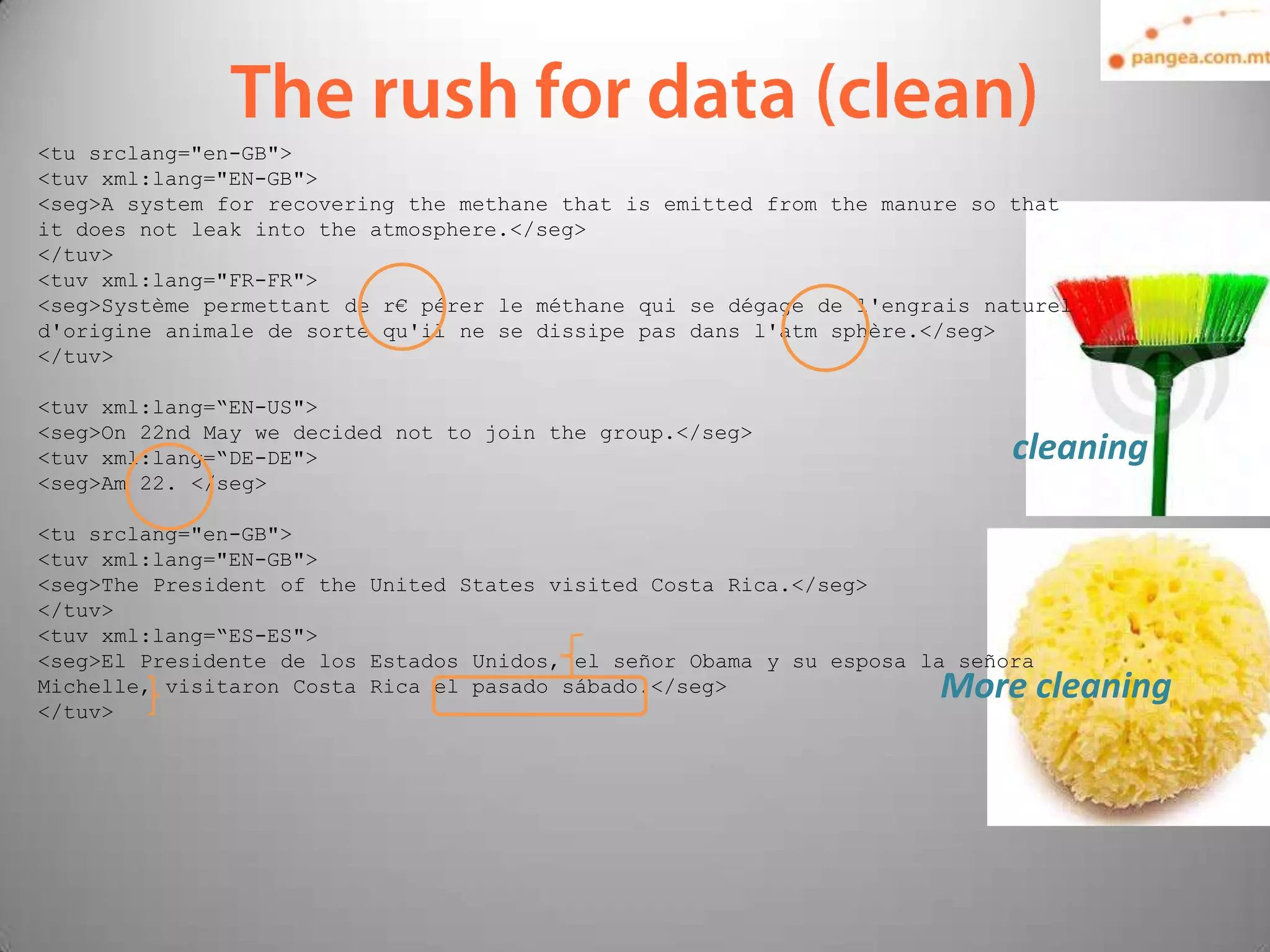 <tu srclang="en-GB">
<tuv xml:lang="EN-GB">
<seg>A system for recovering the methane that is emitted from the manure so that
it does not leak into the atmosphere.</seg>
</tuv>
<tuv xml:lang="FR-FR">
<seg>Système permettant de r€ pérer le méthane qui se dégage de l'engrais naturel
d'origine animale de sorte qu'il ne se dissipe pas dans l'atm sphère.</seg>
</tuv>

<tuv xml:lang=“EN-US">
<seg>On 22nd May we decided not to join the group.</seg>
<tuv xml:lang=“DE-DE">                                                      cleaning
<seg>Am 22. </seg>

<tu srclang="en-GB">
<tuv xml:lang="EN-GB">
<seg>The President of the United States visited Costa Rica.</seg>
</tuv>
<tuv xml:lang=“ES-ES">
<seg>El Presidente de los Estados Unidos, el señor Obama y su esposa la señora
Michelle, visitaron Costa Rica el pasado sábado.</seg>                More cleaning
</tuv>




   10
 