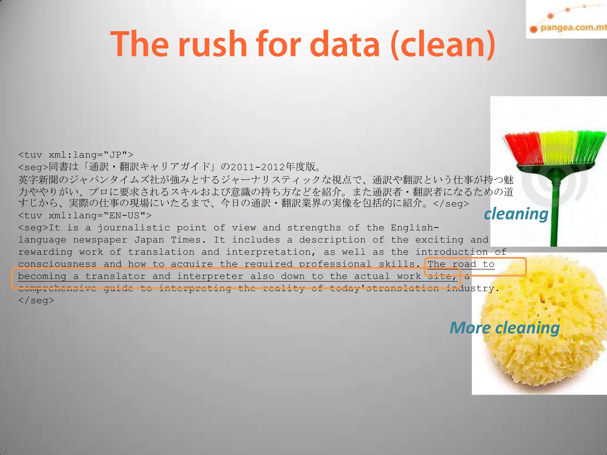 <tuv xml:lang=“JP">
<seg>同書は「通訳・翻訳キャリアガイド」の2011-2012年度版。
英字新聞のジャパンタイムズ社が強みとするジャーナリスティックな視点で、通訳や翻訳という仕事が持つ魅
力ややりがい、プロに要求されるスキルおよび意識の持ち方などを紹介。また通訳者・翻訳者になるための道
すじから、実際の仕事の現場にいたるまで、今日の通訳・翻訳業界の実像を包括的に紹介。</seg>
<tuv xml:lang=“EN-US">                                                     cleaning
<seg>It is a journalistic point of view and strengths of the English-
language newspaper Japan Times. It includes a description of the exciting and
rewarding work of translation and interpretation, as well as the introduction of
consciousness and how to acquire the required professional skills. The road to
becoming a translator and interpreter also down to the actual work site, a
comprehensive guide to interpreting the reality of today'stranslation industry.
</seg>

                                                                     More cleaning




  11
 