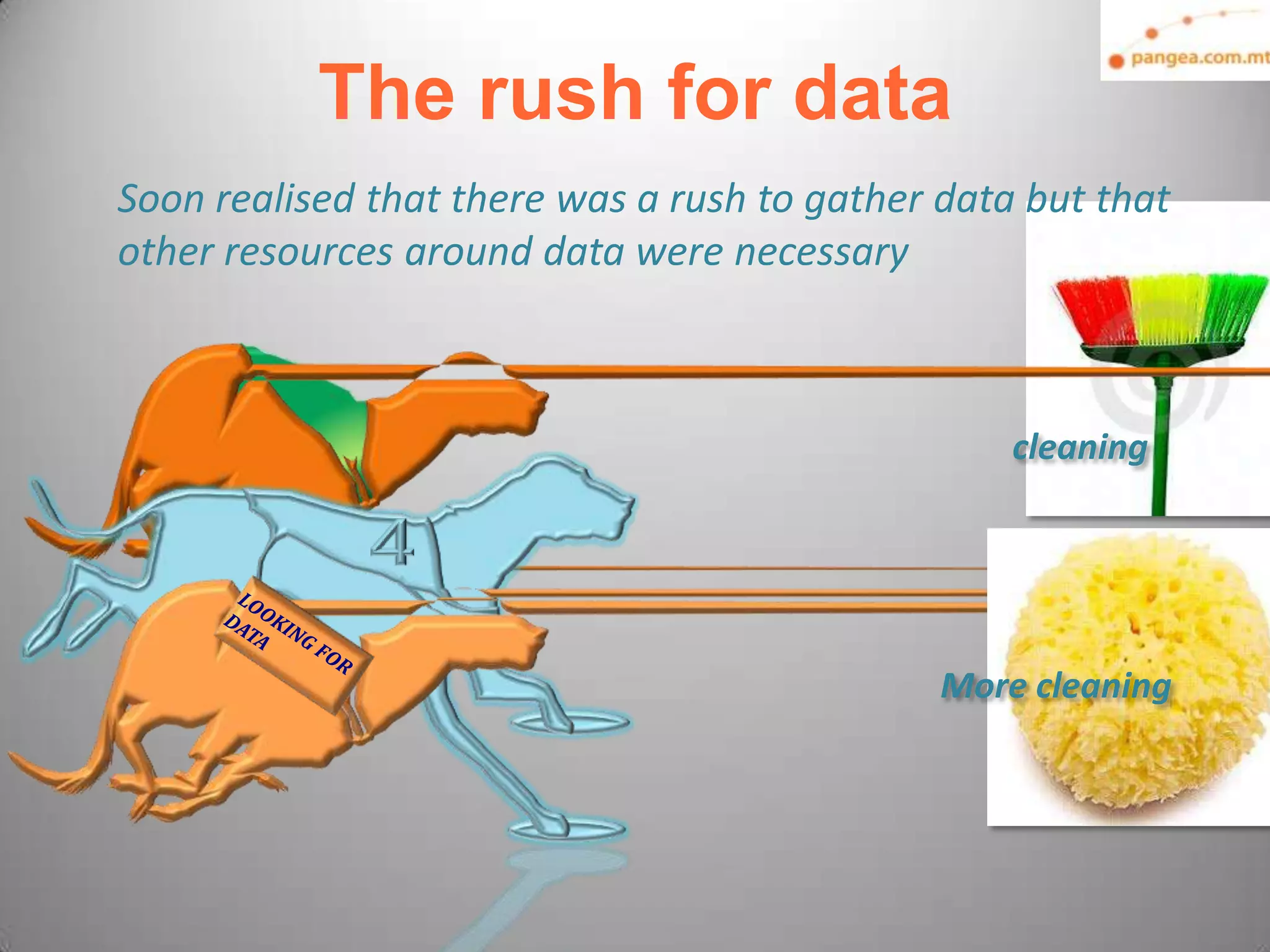 The rush for data
    Soon realised that there was a rush to gather data but that
    other resources around data were necessary



                                                      cleaning




                                                  More cleaning




9
 