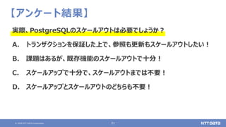 © 2020 NTT DATA Corporation 21
【アンケート結果】
実際、PostgreSQLのスケールアウトは必要でしょうか？
A. トランザクションを保証した上で、参照も更新もスケールアウトしたい！
B. 課題はあるが、既存機能のスケールアウトで十分！
C. スケールアップで十分で、スケールアウトまでは不要！
D. スケールアップとスケールアウトのどちらも不要！
 