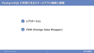 5
© 2020 NTT DATA Corporation
PostgreSQLで利用できるスケールアウト機能と課題
レプリケーション
FDW (Foreign Data Wrapper)
1
2
 