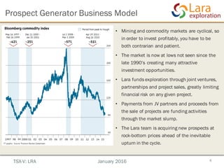 • Mining and commodity markets are cyclical, so
in order to invest profitably, you have to be
both contrarian and patient.
• The market is now at lows not seen since the
late 1990’s creating many attractive
investment opportunities.
• Lara funds exploration through joint ventures,
partnerships and project sales, greatly limiting
financial risk on any given project.
• Payments from JV partners and proceeds from
the sale of projects are funding activities
through the market slump.
• The Lara team is acquiring new prospects at
rock-bottom prices ahead of the inevitable
upturn in the cycle.
4TSX-V: LRA January 2016
02/11/2015, 10:06Weary commodity investors see end of slump - FT.com
In the US state of Illinois, an average farm’s break-even price for corn will be $4.61 a bushel in 2016,
according to Michael Langemeier of Purdue University. This is about 60 cents higher than the price
of December 2016 corn futures.
In the shale formations of the US, crude production is declining after drillers idled more than 1,000
Prospect Generator Business Model
 