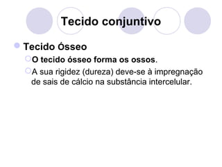 Tecido conjuntivo
Tecido Ósseo
O tecido ósseo forma os ossos.
A sua rigidez (dureza) deve-se à impregnação
de sais de cálcio na substância intercelular.

 