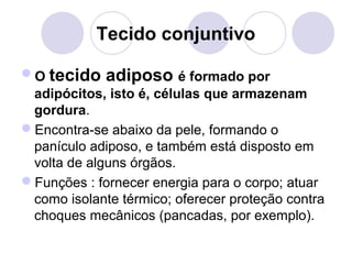 Tecido conjuntivo
O tecido adiposo é formado por
adipócitos, isto é, células que armazenam
gordura.
Encontra-se abaixo da pele, formando o
panículo adiposo, e também está disposto em
volta de alguns órgãos.
Funções : fornecer energia para o corpo; atuar
como isolante térmico; oferecer proteção contra
choques mecânicos (pancadas, por exemplo).

 