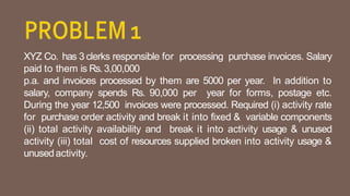 XYZ Co. has 3 clerks responsible for processing purchase invoices. Salary
paid to them is Rs. 3,00,000
p.a. and invoices processed by them are 5000 per year. In addition to
salary, company spends Rs. 90,000 per year for forms, postage etc.
During the year 12,500 invoices were processed. Required (i) activity rate
for purchase order activity and break it into fixed & variable components
(ii) total activity availability and break it into activity usage & unused
activity (iii) total cost of resources supplied broken into activity usage &
unusedactivity.
 