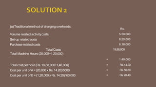 (a)Traditional method of charging overheads:
Rs.
Volume related activitycosts 5,50,000
Set-up relatedcosts 8,20,000
Purchase related costs 6,18,000
Total Costs 19,88,000
Total Machine Hours (20,000+1,20,000)
= 1,40,000
Total cost per hour (Rs.19,88,000/1,40,000) = Rs.14.20
Costper unit ofA=(20,000 x Rs.14.20)/5000 = Rs.56.80
Costper unit of B=(1,20,000 x Rs.14.20)/ 60,000 = Rs.28.40
 
