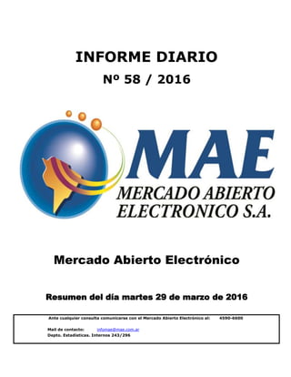 Mail de contacto: infomae@mae.com.ar
Depto. Estadísticas. Internos 243/296
Mercado Abierto Electrónico
Resumen del día martes 29 de marzo de 2016
INFORME DIARIO
Nº 58 / 2016
Ante cualquier consulta comunicarse con el Mercado Abierto Electrónico al: 4590-6600
 