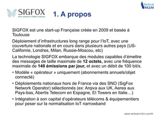 www.vertical-m2m.com/fr
SIGFOX est une start-up Française créée en 2009 et basée à
Toulouse
Déploiement d’infrastructures long range pour l’IoT, avec une
couverture nationale et en cours dans plusieurs autres pays (US-
Californie, Londres, Milan, Russie-Moscou, etc)
La technologie SIGFOX embarque des modules capables d’émettre
des messages de taille maximale de 12 octets, avec une fréquence
maximale de 140 émissions par jour, et avec un débit de 100 bit/s.
• Modèle « opérateur » uniquement (abonnements annuels/objet
connecté)
• Déploiements nationaux hors de France via des SNO (SigFox
Network Operator) sélectionnés (ex: Arqiva aux UK, Aerea aux
Pays-bas, Abertis Telecom en Espagne, EI Towers en Italie…)
• Intégration à son capital d’opérateurs télécoms & équipementiers
pour peser sur la normalisation IoT narrowband
1. A propos
 