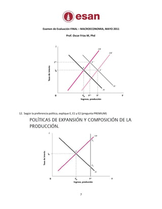Examen de Evaluación FINAL – MACROECONOMIA, MAYO 2011

                                       Prof. Oscar Frias M, Phd




12. Según la preferencia política, explique E, E1 y E2 (pregunta PREMIUM)




                                                  7
 