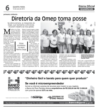 6              quarta-feira
                  16 de maio de 2012
                                                                                                                                                  Diário Oficial
                                                                                                                                                   GUARUJÁ
primeira infância


               Diretoria da Omep toma posse




                                                                                                                                                                                     Joyce Salles
       Na última semana, as integrantes do
       órgão, que representa a pré-escola,
        iniciaram trabalho da nova gestão



M
               embros da Orga- (Seduc). A partir de agora, o órgão
               nização Mundial regional é dirigido pela professora
               para Educação Pré- Regina Lúcia Rodrigues, coorde-
               escolar (Omep) da nadora municipal da Pré-escola.
Baixada Santista tomaram posse Já a diretora de Educação Infantil,
na última semana. O ato acon- Renata Coghe, é responsável pelo
teceu no Núcleo de Educação Conselho Fiscal, e a coordenadora
Infantil (Neim) Marina Daige, dos Neims, Edna da Silva Costa,
localizado na Rua                               responde pelo Con-
Pardal, 340 – Jardim                            selho Fiscal.
dos Pássaros.                  Posse                Na ocasião, as
    Após um período        aconteceu            integrantes levanta-
de pausa, a Omep                                ram diversas ques-
da Baixada Santista          no Neim            tões. “O objetivo
retomou as ativida-      Marina Daige           desse primeiro en-
des. O órgão conta                              contro é traçar as
com representantes                              metas de atuação
dos ensinos público, particular e para o ano de 2012, além de cuidar
superior e da sociedade civil de das questões burocráticas que en-     municípios da Baixada Santista.      realidade social que promova e             Guarujá marca presença na
cinco municípios da região: Gua- volvem a organização do órgão”,       Para tanto, cada reunião será rea-   permita o pleno desenvolvimento            Omep com três integrantes
                                                                                                                                                       da Secretaria Municipal de
rujá, Santos, São Vicente, Praia disse a presidente Regina Lúcia.      lizada em uma cidade diferente.      do ser humano.                             Educação (Seduc)
Grande e Peruíbe, mas o intuito      Além disso, as integrantes dos        A Omep tem o objetivo de             “Queremos conhecer a rea-
da nova diretoria é abranger toda outros Municípios conheceram         envolver profissionais compro-       lidade da Educação Infantil das      visita tem a oportunidade de
a Baixada Santista.               o Neim e trocaram experiências.      metidos com a educação e a           escolas pública e privada de todos   aprender e contribuir com novas
    Guarujá marca presença na As ações da nova diretoria da            infância em todo o País. Atua em     os municípios integrantes. Quem      ideias que potencializem as ações
Omep com três integrantes da Omep é promover a integração              parceria com a sociedade civil e     recebe apresenta suas propostas,     em andamento”, explicou a pre-
Secretaria Municipal de Educação e troca de experiência entre os       poder público em prol de uma         concepções e diretrizes. Já quem     sidente eleita da Omep.
 