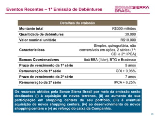 Eventos Recentes – 1ª Emissão de Debêntures


                              Detalhes da emissão
     Montante total                                         R$300 milhões
     Quantidade de debêntures                                        30.000
     Valor nominal unitário                                       R$10.000
                                                 Simples, quirografária, não
     Características                    conversíveis em ações, 2 séries (1ª:
                                                            CDI e 2ª: IPCA)
     Bancos Coordenadores                 Itaú BBA (líder), BTG e Bradesco
     Prazo de vencimento da 1ª série                                 5 anos
     Remuneração da 1ª série                                   CDI + 0,96%
     Prazo de vencimento da 2ª série                                 7 anos
     Remuneração da 2ª série                                 IPCA + 6,25%

   Os recursos obtidos pela Sonae Sierra Brasil por meio da emissão serão
   destinados (i) à aquisição de novos terrenos, (ii) ao aumento de sua
   participação em shopping centers de seu portfolio, (iii) à eventual
   aquisição de novos shopping centers, (iv) ao desenvolvimento de novos
   shopping centers e (v) ao reforço do caixa da Companhia.
                                                                               25
 