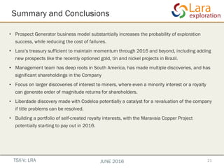 Summary and Conclusions
21
•  Prospect Generator business model substantially increases the probability of exploration
success, while reducing the cost of failures.
•  Lara’s treasury sufficient to maintain momentum through 2016 and beyond, including adding
new prospects like the recently optioned gold, tin and nickel projects in Brazil.
•  Management team has deep roots in South America, has made multiple discoveries, and has
significant shareholdings in the Company
•  Focus on larger discoveries of interest to miners, where even a minority interest or a royalty
can generate order of magnitude returns for shareholders.
•  Liberdade discovery made with Codelco potentially a catalyst for a revaluation of the company
if title problems can be resolved.
•  Building a portfolio of self-created royalty interests, with the Maravaia Copper Project
potentially starting to pay out in 2016.
TSX-V: LRA JUNE 2016
 