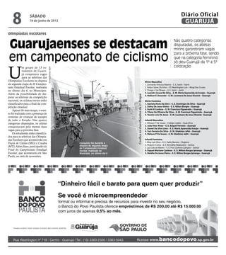 8              sábado
                   16 de junho de 2012
                                                                                                                                                                         Diário Oficial
                                                                                                                                                                          GUARUJÁ
olimpíadas escolares


Guarujaenses se destacam
                                                                                                                                                                 Nas quatro categorias
                                                                                                                                                                 disputadas, os atletas
                                                                                                                                                                 mirins garantiram vagas

em campeonato de ciclismo
                                                                                                                                                                 para a próxima fase, sendo
                                                                                                                                                                 que na categoria feminino
                                                                                                                                                                 só deu Guarujá da 1ª a 5ª



U
              m grupo de 13 es-                                                                                                                                  colocação
                                      Divulgação/Ivan Storti




              tudantes de Guaru-
              já conquistou vagas
              para as seletivas das
Olimpíadas Escolares na disputa                                                                                                     Mirim Masculino
da segunda etapa do II Campeo-                                                                                                      1. Leonardo Vinícius Ribeiro – E. E. Itariri – Itariri
nato Estadual Escolar, realizada                                                                                                    2. Felipe Jones Da Silva – E E Washington Luis – Mogi Das Cruzes
no último dia 6, no Município.                                                                                                      3. Thiago L De Olivera – E. E. Itariri – Itariri
                                                                                                                                    4. Leandro Sousa Da Silva – E. M. Maria Aparecida de Araújo – Guarujá
Além da possibilidade de dis-




                                                                                            Confira os classificados da 2ª Etapa:
                                                                                                                                    5. Nathan V. Dourado – E. M. Lucimara De Jesus Vicente – Guarujá
putar as seletivas da competição
nacional, os ciclistas mirins estão                                                                                                 Mirim Feminino
classificados para a final da com-                                                                                                  1. Daniela Alves Da Silva – E. E. Domingos da Silva – Guarujá
petição estadual.                                                                                                                   2. Dafny De Jesus Vieira – E. E. Nilton Borges – Guarujá
                                                                                                                                    3. Ruth M Cardoso – E. M. Francisco Figueiredo – Guarujá
    Apesar do mau tempo, o even-
                                                                                                                                    4. Tifany De Oliveira Da Silva – E. M. Francisco Figueiredo – Guarujá
to foi realizado com a presença de                                                                                                  5. Yasmin Lins De Jesus – E. M. Lucimara de Jesus Vicente - Guarujá
centenas de crianças de equipes
de todo o Estado. Nas quatro                                                                                                        Infantil Masculino
categorias disputadas, os atletas                                                                                                   1. Allisson F De Souza – Colégio Jubilo – Guarulhos
conquistaram pelo menos duas                                                                                                        2. João Vitor Alves – E. E. Raquel Ferreira – Guarujá
                                                                                                                                    3. Daniel Da Silva Lima – E. E. Maria Aparecida Araujo – Guarujá
vagas para a próxima fase.                                                                                                          4. Yuri Ferreira Da Silva – E. M. Gladston Jafet – Guarujá
    Os estudantes estão classifica-                                                                                                 5. Nailson P De Souza – E. M. Gladston Jafet – Guarujá
dos para as seletivas das Olimpía-
das Escolares que acontecerão em                                                                                                    Infantil Feminino
Poços de Caldas (MG) e Cuiabá                                  Conquista foi durante a                                              1. Elley Laís Silva – E. E. Fabio Barreto – Registro
                                                               disputa da segunda etapa                                             2. Thayna A Lima – E. E. Benedito Madureira – Santos
(MT). Além disso, participarão da                                                                                                   3. Laís Garcia Ribeiro – E. E. Prof. Zulmira Campos – Santos
                                                               do Campeonato Estadual
Final do Campeonato Estadual                                   Escolar, realizada no                                                4. Raquel Mariano Cardoso – E. E. Milton Borges Ipiranga – Guarujá
Escolar, que acontecerá em São                                 Município, no último dia 6                                           5. Natália De Jesus Vieira – E. E. Milton Borges Ipiranga – Guarujá
Paulo, no mês de novembro.
 