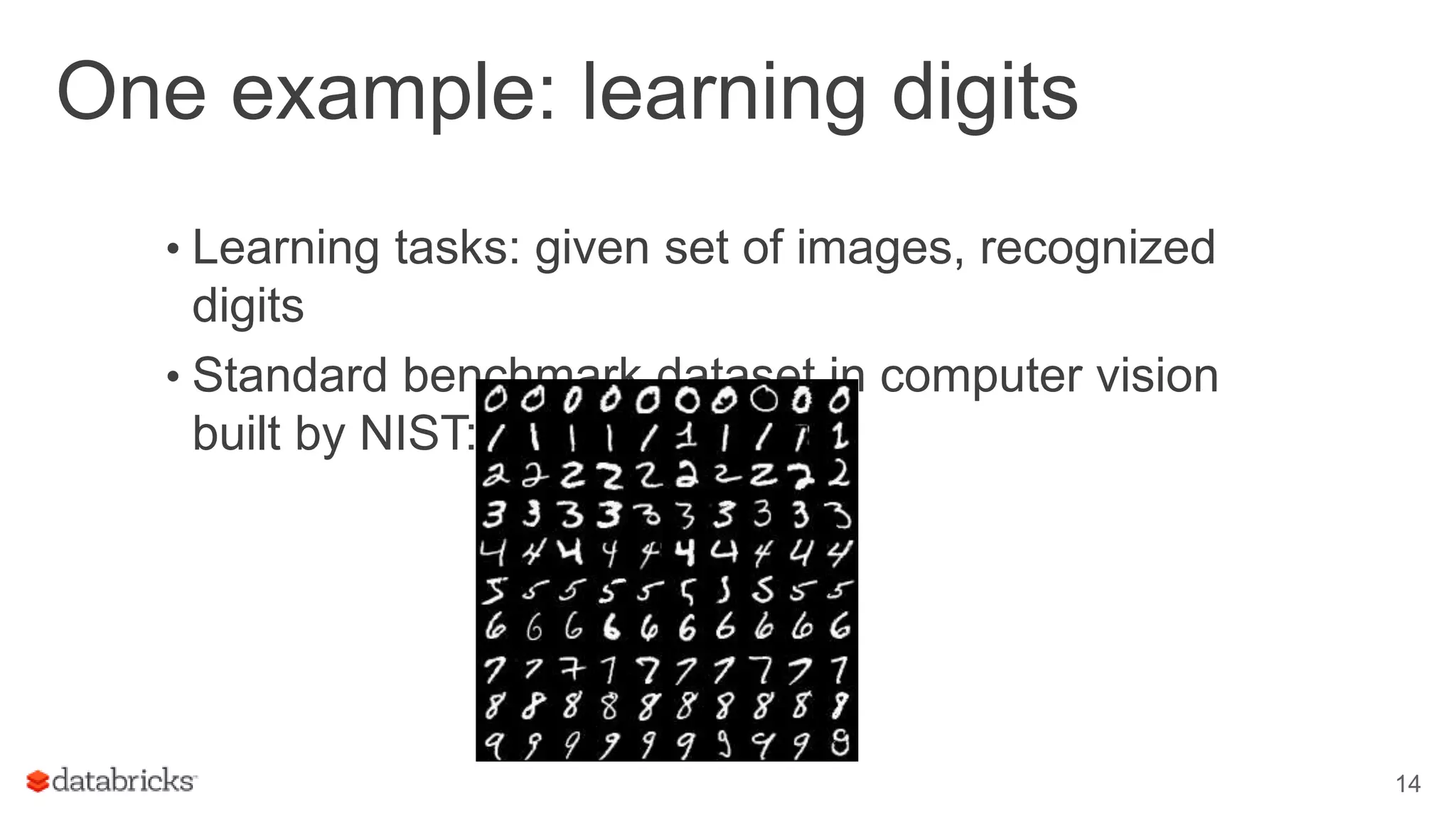 One example: learning digits • Learning tasks: given set of images, recognized digits • Standard benchmark dataset in computer vision built by NIST: 14 