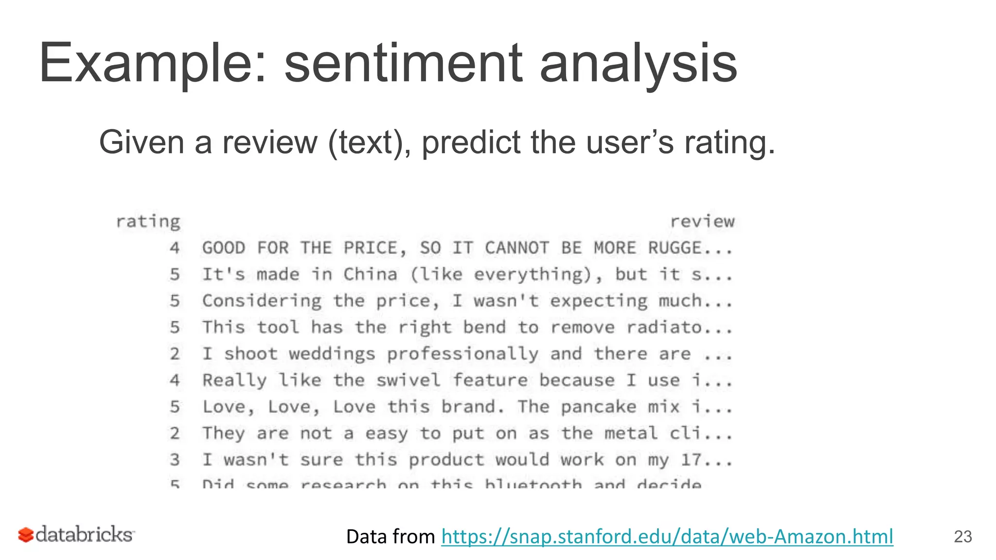 Example: sentiment analysis 23 Given a review (text), predict the user’s rating. Data from https://snap.stanford.edu/data/web-Amazon.html 