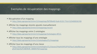 Exemples de récupération des mappings
▪ Récupération d’un mapping
▪ http://data.agroportal.lirmm.fr/mappings/fd709e40-fcab...