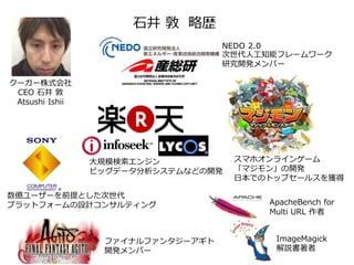 石井 敦 略歴
クーガー株式会社
CEO 石井 敦
Atsushi Ishii
大規模検索エンジン
ビッグデータ分析システムなどの開発
NEDO 2.0
次世代人工知能フレームワーク
研究開発メンバー
スマホオンラインゲーム
「マジモン」の開発
日本でのトップセールスを獲得
数億ユーザーを前提とした次世代
プラットフォームの設計コンサルティング
ImageMagick
解説書著者
ファイナルファンタジーアギト
開発メンバー
ApacheBench for
Multi URL 作者
 