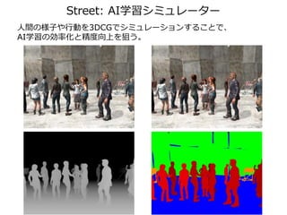 Street: AI学習シミュレーター
人間の様子や行動を3DCGでシミュレーションすることで、
AI学習の効率化と精度向上を狙う。
 