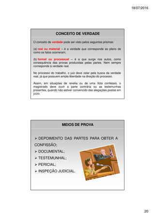 18/07/2016
20
O conceito de verdade pode ser visto pelos seguintes prismas:
(a) real ou material – é a verdade que corresponde ao plano de
como os fatos ocorreram;
(b) formal ou processual – é a que surge nos autos, como
consequência das provas produzidas pelas partes. Nem sempre
corresponde à verdade real.
No processo do trabalho, o juiz deve zelar pela busca da verdade
real, já que possuem ampla liberdade na direção do processo.
Assim, em situações de revelia ou de uma ficta confessio, o
magistrado deve ouvir a parte contrária ou as testemunhas
presentes, quando não estiver convencido das alegações postas em
juízo.
CONCEITO DE VERDADE
DEPOIMENTO DAS PARTES PARA OBTER A
CONFISSÃO;
DOCUMENTAL;
TESTEMUNHAL;
PERICIAL;
INSPEÇÃO JUDICIAL.
MEIOS DE PROVA
 