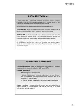 18/07/2016
21
PROVA TESTEMUNHAL
A prova testemunhal é a fornecida oralmente por pessoa estranha à relação
processual, via de regra, perante o juiz da causa, com o intuito de auxiliar o Poder
Judiciário em esclarecer os fatos controvertidos entre as partes.
Conforme tenham notícia dos fatos, as testemunhas classificam-se em:
I) PRESENCIAIS: são as que tiveram contato direto com o fato probando. São as
de melhor credibilidade, pois podem relatar com detalhes a ocorrência.
II) DE OUVIDA: (ou de referência: são as que não presenciaram o fato, mas dele
tiveram notícia por terceira pessoa. Seu depoimento merecerá análise mais
cuidadosa, porque o fato já está filtrado, sendo difícil a riqueza de detalhes;
III) REFERIDAS: aquelas que, embora não arroladas pelas partes, surgiram
através do depoimento de outras testemunhas. Podem ser ouvidas de ofício ou a
requerimento da parte.
DEVERES DA TESTEMUNHA
a) comparecimento a juízo; as testemunhas comparecerão à audiência
independentemente de intimação (art. 825, caput, CLT);
b) prestar depoimento;
Não é obrigada a depor de fatos:
- (1) que lhe acarretem grave dano, bem como ao seu cônjuge e
aos seus parentes consanguíneos ou afins, em linha reta, ou no
colateral em segundo grau;
- (2) a cujo respeito, por estado ou profissão, deve guardar sigilo.
c) dizer a verdade – a testemunha não poderá fazer afirmação falsa, ou
negar a verdade ou calar a verdade, sob pena de reclusão, de um a três
anos, e multa (art. 342, caput, CP)
 