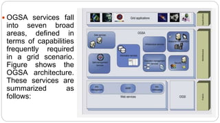  OGSA services fall
into seven broad
areas, defined in
terms of capabilities
frequently required
in a grid scenario.
Figure shows the
OGSA architecture.
These services are
summarized as
follows:
 
