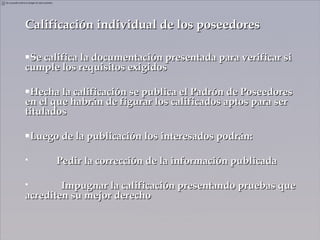 Calificación individual de los poseedores

Se califica la documentación presentada para verificar si
cumple los requisitos exigidos

Hecha la calificación se publica el Padrón de Poseedores
en el que habrán de figurar los calificados aptos para ser
titulados

   Luego de la publicación los interesados podrán:

        Pedir la corrección de la información publicada

       Impugnar la calificación presentando pruebas que
acrediten su mejor derecho
 