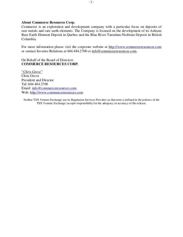 News Release Commerce Resources Corp Announces Second Tranche Clos