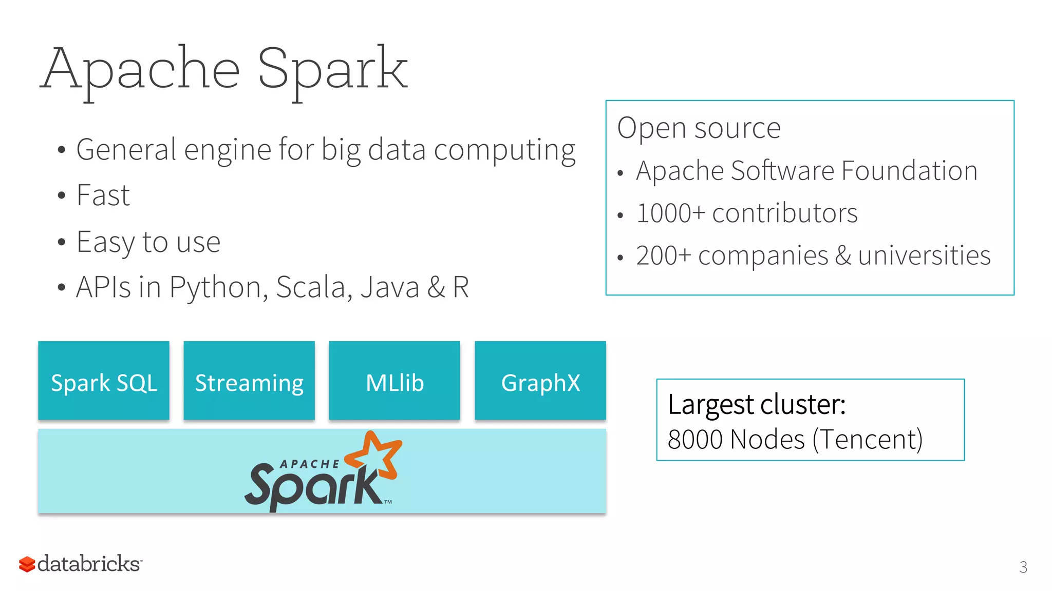 •  General engine for big data computing
•  Fast
•  Easy to use
•  APIs in Python, Scala, Java & R
3
Apache Spark
Spark	SQL	 Streaming	 MLlib	 GraphX	
Largest cluster:
8000 Nodes (Tencent)
Open source
•  Apache Software Foundation
•  1000+ contributors
•  200+ companies & universities
 