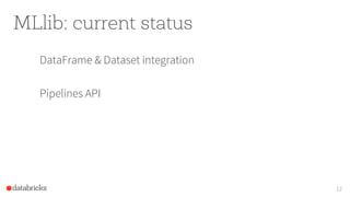 MLlib: current status
DataFrame & Dataset integration
Pipelines API
12
 
