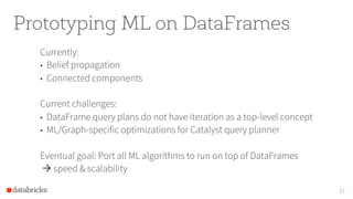 Prototyping ML on DataFrames
Currently:
•  Belief propagation
•  Connected components
Current challenges:
•  DataFrame query plans do not have iteration as a top-level concept
•  ML/Graph-specific optimizations for Catalyst query planner
Eventual goal: Port all ML algorithms to run on top of DataFrames
à speed & scalability
27
 