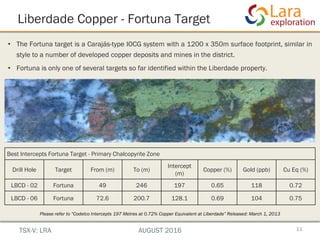 Liberdade Copper - Fortuna Target
11
Best Intercepts Fortuna Target - Primary Chalcopyrite Zone
Drill Hole Target From (m) To (m)
Intercept
(m)
Copper (%) Gold (ppb) Cu Eq (%)
LBCD - 02 Fortuna 49 246 197 0.65 118 0.72
LBCD - 06 Fortuna 72.6 200.7 128.1 0.69 104 0.75
Please refer to “Codelco Intercepts 197 Metres at 0.72% Copper Equivalent at Liberdade” Released: March 1, 2013
• The Fortuna target is a Carajás-type IOCG system with a 1200 x 350m surface footprint, similar in
style to a number of developed copper deposits and mines in the district.
• Fortuna is only one of several targets so far identified within the Liberdade property.
TSX-V: LRA AUGUST 2016
 