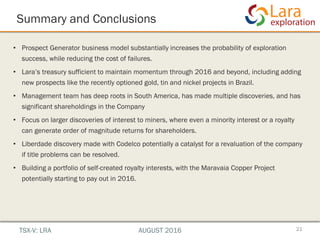 Summary and Conclusions
21
• Prospect Generator business model substantially increases the probability of exploration
success, while reducing the cost of failures.
• Lara’s treasury sufficient to maintain momentum through 2016 and beyond, including adding
new prospects like the recently optioned gold, tin and nickel projects in Brazil.
• Management team has deep roots in South America, has made multiple discoveries, and has
significant shareholdings in the Company
• Focus on larger discoveries of interest to miners, where even a minority interest or a royalty
can generate order of magnitude returns for shareholders.
• Liberdade discovery made with Codelco potentially a catalyst for a revaluation of the company
if title problems can be resolved.
• Building a portfolio of self-created royalty interests, with the Maravaia Copper Project
potentially starting to pay out in 2016.
TSX-V: LRA AUGUST 2016
 