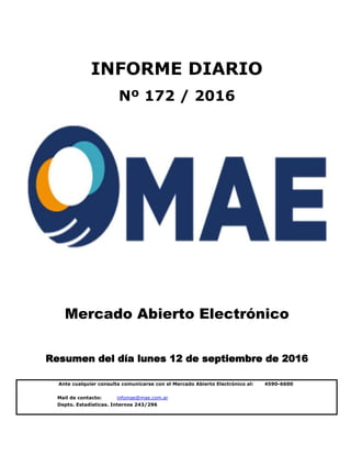 Mail de contacto: infomae@mae.com.ar
Depto. Estadísticas. Internos 243/296
INFORME DIARIO
Nº 172 / 2016
Ante cualquier consulta comunicarse con el Mercado Abierto Electrónico al: 4590-6600
Mercado Abierto Electrónico
Resumen del día lunes 12 de septiembre de 2016
 