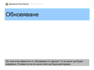 Обновяване




На този етап ефектите от обновяване от версия 1.5 не могат да бъдат
измерени. Очаква се на по-късен етап да бъде разгледано.
 