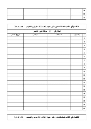 ‫81‬
‫91‬
‫02‬

‫كشف توقٌع الطالب المتحانات دور ٌناٌر عام 3102-4102 عن ٌوم الخمٌس‬
‫لجنة رقم‬
‫م‬

‫رقم الجلوس‬

‫اسم الطالب‬

‫23‬

‫61-1-4102‬

‫طرقة الدور الخامس‬
‫اسم المقرر‬

‫توقٌع الطالب‬

‫1‬
‫2‬
‫3‬
‫4‬
‫5‬
‫6‬
‫7‬
‫8‬
‫9‬
‫01‬
‫11‬
‫21‬
‫31‬
‫41‬
‫51‬
‫61‬
‫71‬
‫81‬
‫91‬
‫02‬

‫كشف توقٌع الطالب المتحانات دور ٌناٌر عام 3102-4102 عن ٌوم الخمٌس‬

‫61-1-4102‬

 