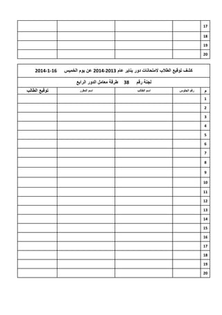 ‫71‬
‫81‬
‫91‬
‫02‬

‫كشف توقٌع الطالب المتحانات دور ٌناٌر عام 3102-4102 عن ٌوم الخمٌس‬
‫لجنة رقم‬
‫م‬
‫1‬
‫2‬
‫3‬
‫4‬
‫5‬
‫6‬
‫7‬
‫8‬
‫9‬
‫01‬
‫11‬
‫21‬
‫31‬
‫41‬
‫51‬
‫61‬
‫71‬
‫81‬
‫91‬
‫02‬

‫رقم الجلوس‬

‫اسم الطالب‬

‫83‬

‫61-1-4102‬

‫طرقة معامل الدور الرابع‬
‫اسم المقرر‬

‫توقٌع الطالب‬

 
