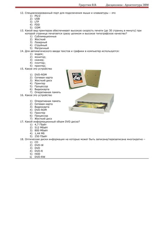 Граустин В.В. Дисциплина - Архитектура ЭВМ
12. Специализированный порт для подключения мыши и клавиатуры – это
1) PS/2
2) USB
3) LTP
4) FDD
5) COM
13. Какой вид принтеров обеспечивает высокую скорость печати (до 30 страниц в минуту) при
которой страница печатается сразу целиком и высокое типографское качество?
1) Сублимационные
2) Жесткий
3) Лазерный
4) Струйный
5) Матричный
14. Для автоматического ввода текстов и графики в компьютер используется:
1) модем;
2) монитор;
3) сканер;
4) плоттер;
5) принтер;
15. Какое это устройство
1) DVD-ROM
2) Сетевая карта
3) Жесткий диск
4) Принтер
5) Процессор
6) Видеокарта
7) Оперативная память
16. Какое это устройство
1) Оперативная память
2) Сетевая карта
3) Видеокарта
4) DVD-ROM
5) Принтер
6) Процессор
7) Жесткий диск
17. Какой информационный объем DVD диска?
1) 4,7 Гбайт
2) 512 Мбайт
3) 800 Мбайт
4) 1,44 Мб
5) 250 Гбайт
18. Оптические диски информация на которые может быть записана/перезаписана многократно –
1) CD
2) DVD-W
3) DVD
4) DVD-R
5) HDD
6) DVD-RW
 