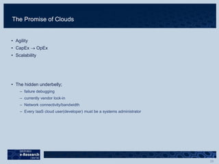 The Promise of Clouds
• Agility
• CapEx  OpEx
• Scalability
• The hidden underbelly;
– failure debugging
– currently vendor lock-in
– Network connectivity/bandwidth
– Every IaaS cloud user(developer) must be a systems administrator
 