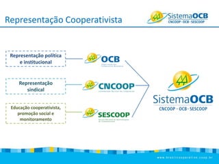 Representação Cooperativista

Representação política
e institucional

Representação
sindical
Educação cooperativista,
promoção social e
monitoramento

 