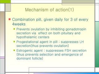 Mechanism of action(1) Combination pill, given daily for 3 of every 4weeks Prevents ovulation by inhibiting gonadotropin secretion via  effect on both pituitary and hypothalamic centers Progestational agent in pill ; suppresses LH secretion(thus prevents ovulation) Estrogenic agent ; suppresses FSH secretion (thus prevents selection and emergence of dominant follicle) 