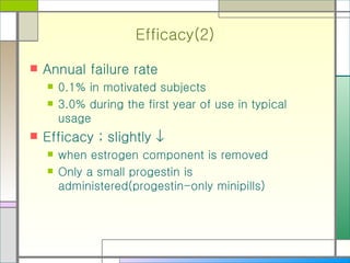 Efficacy(2) Annual failure rate 0.1% in motivated subjects 3.0% during the first year of use in typical usage Efficacy ; slightly     when estrogen component is removed Only a small progestin is administered(progestin-only minipills) 