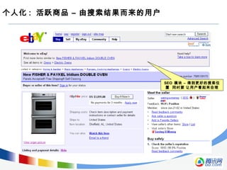 个人化 : 活跃商品 – 由搜索结果而来的用户
SEO 模块 – 得到更好的搜索位
置 同时要 让用户看起来合理
 