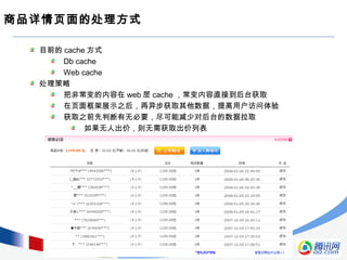 商品详情页面的处理方式
目前的 cache 方式
Db cache
Web cache
处理策略
把非常变的内容在 web 层 cache ，常变内容直接到后台获取
在页面框架展示之后，再异步获取其他数据，提高用户访问体验
获取之前先判断有无必要，尽可能减少对后台的数据拉取
如果无人出价，则无需获取出价列表
 