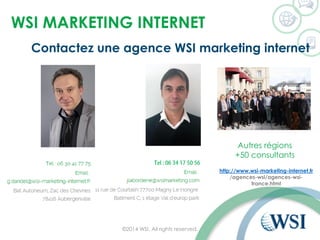 WSI MARKETING INTERNET 
©2014 WSI. All rights reserved. 
http://www.wsi-marketing-internet.fr 
/agences-wsi/agences-wsi- france.html 
Contactez une agence WSI marketing internet 
Autres régions 
+50 consultants  