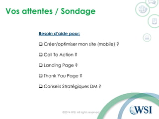Vos attentes / Sondage 
©2014 WSI. All rights reserved. 
Besoin d’aide pour: 
Créer/optimiser mon site (mobile) ? 
Call To Action ? 
Landing Page ? 
ThankYou Page ? 
Conseils Stratégiques DM ?  