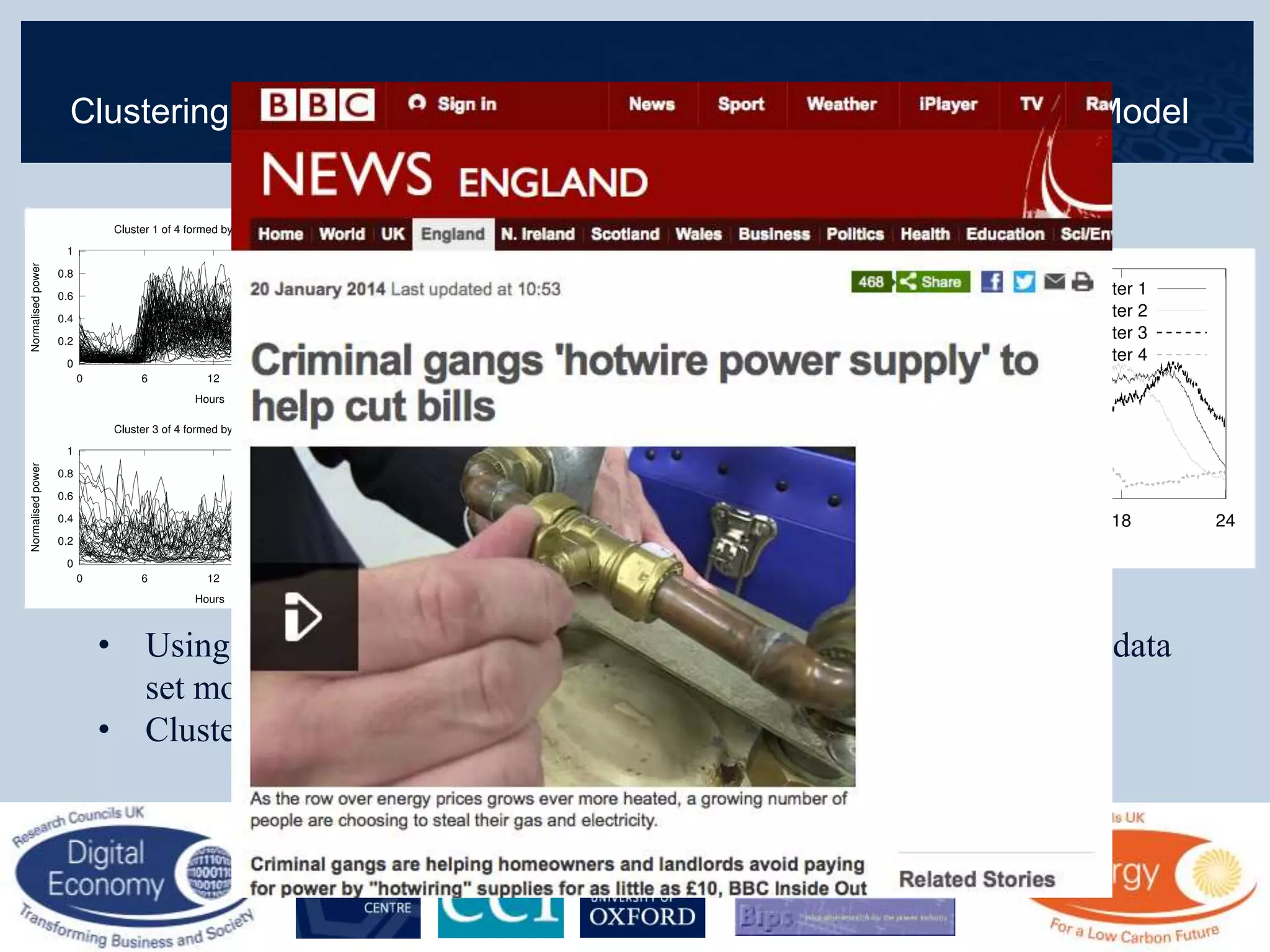 Clustering domestic consumption using Dirichlet Process Mixture Model
• Using a Bayesian method allows us to handle uncertainty within the data
set more easily than more traditional data mining methods
• Clustering defined by data not user
 