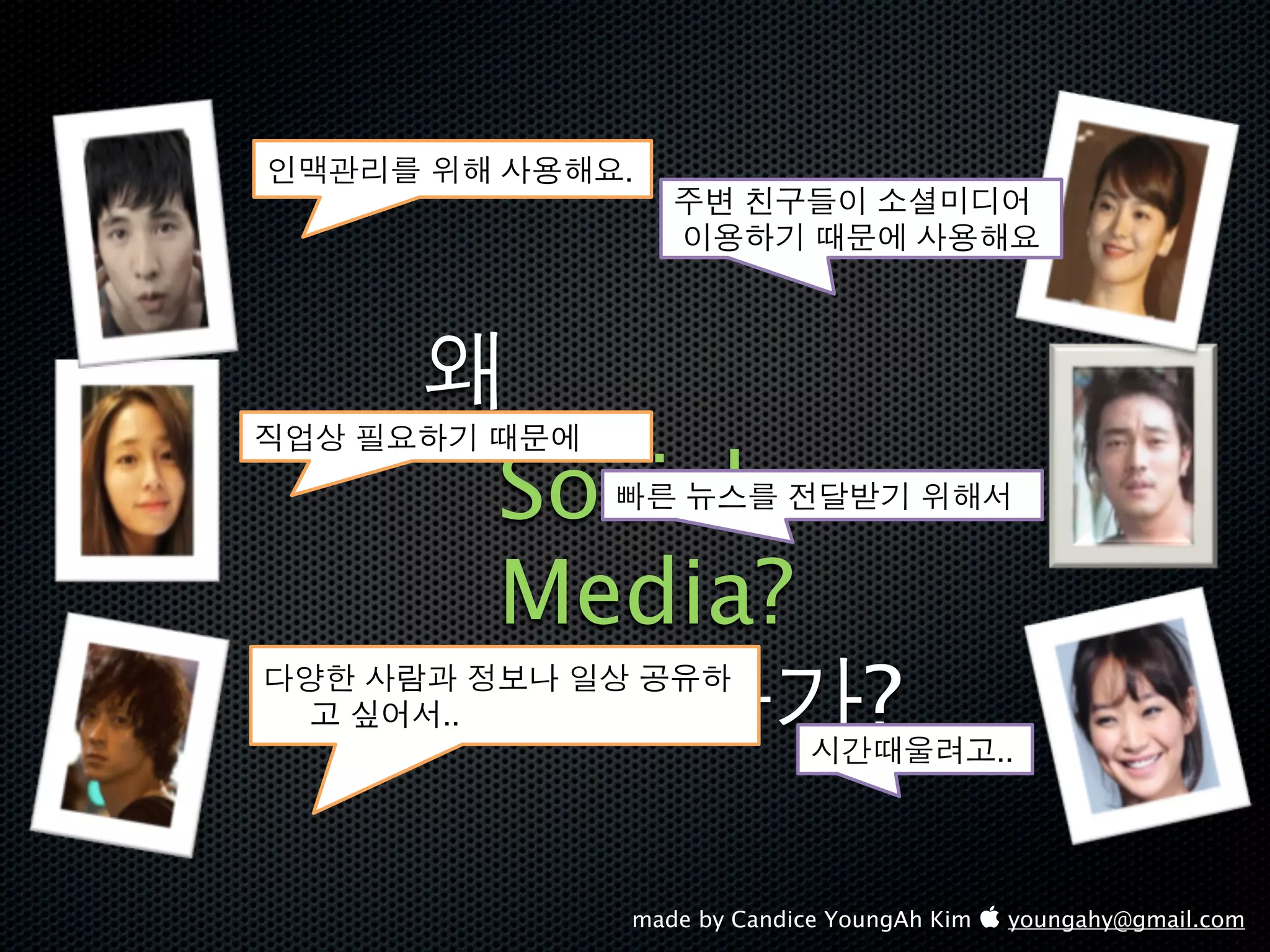 !"#$% &' ()'*.
                  CD EFGH IJKLA
                  H)/0 123 ()'*




+,- .*/0 123

         SocialMN OP% QRS0 &'B


         Media?
456 (78 9:; <- =>/
  ? @AB..                        ?
                            TU1VW?..




               made by Candice YoungAh Kim  youngahy@gmail.com
 