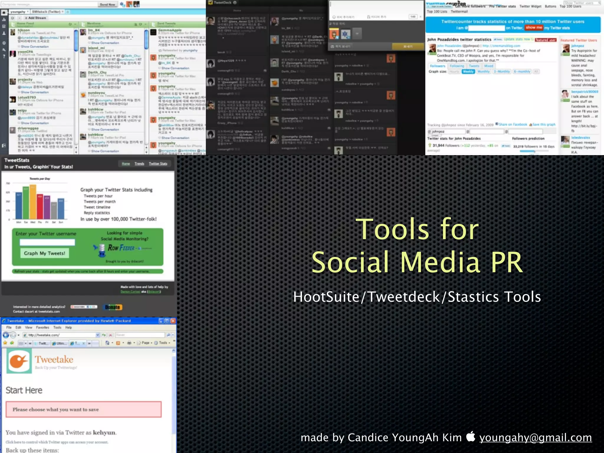 Tools for
  Social Media PR
HootSuite/Tweetdeck/Stastics Tools




 made by Candice YoungAh Kim  youngahy@gmail.com
 